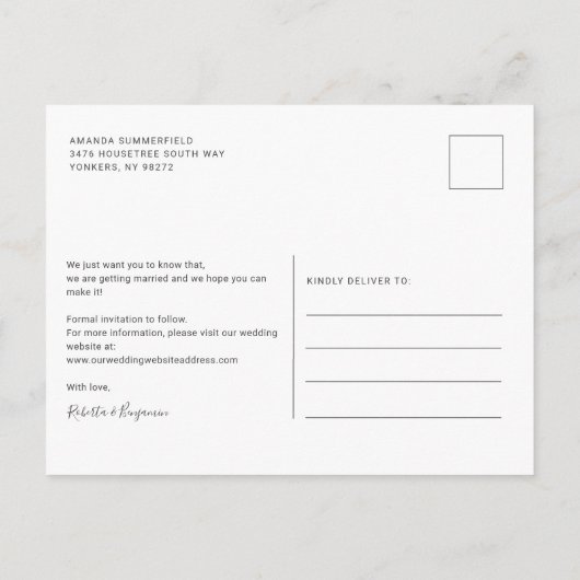 Moderne 2 Fotos Save the Date zusammenfassen Ankündigungspostkarte (Rückseite)