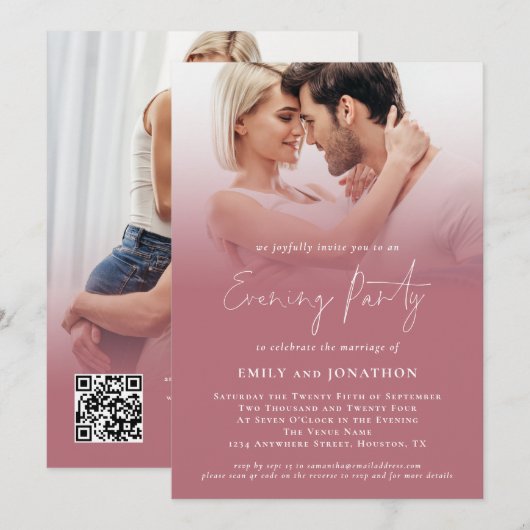Moderne 2 Fotos Script Rose Gold Wedding Abend Einladung (Vorne/Hinten)