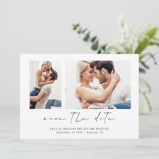 Moderne 2 Fotos Script Wedding Save The Date (Stehend Vorderseite)