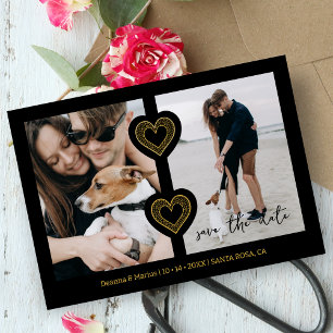 Moderne 2 Multi-Fotos & 2 Lace Hearts Black & Gold Save The Date