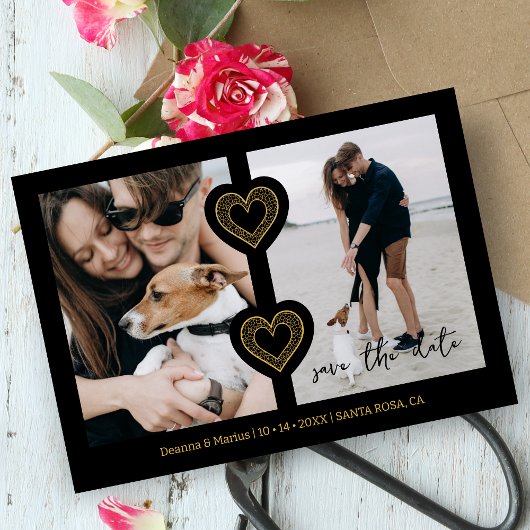 Moderne 2 Multi-Fotos & 2 Lace Hearts Black & Gold Save The Date