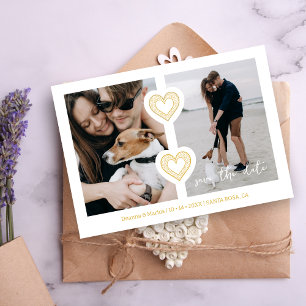 Moderne 2 Multi-Fotos & 2 Spitzenherzen Weiß & Gol Save The Date