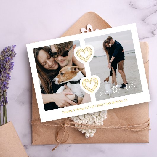 Moderne 2 Multi-Fotos & 2 Spitzenherzen Weiß & Gol Save The Date