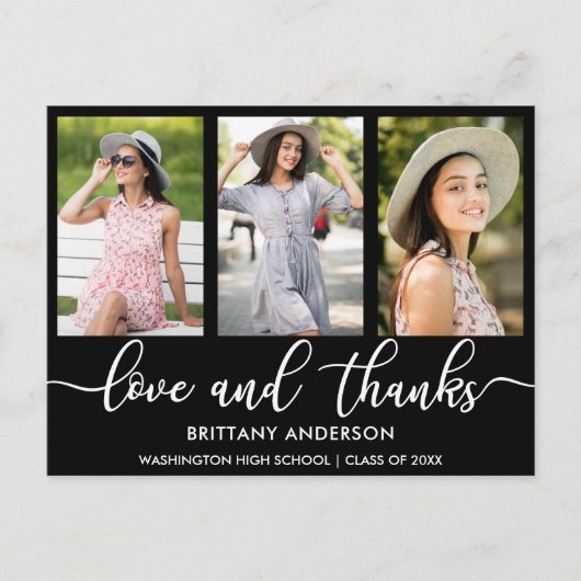 Moderne 3-Foto-Abschluss-Liebe und Danke Ankündigungspostkarte (Vorderseite)