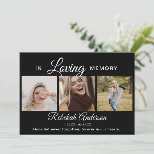 Moderne 3 Foto Collage Beerdigung Ankündigung (Stehend Vorderseite)