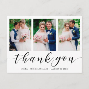 Moderne 3 Foto Collage Black Script Hochzeit Postkarte
