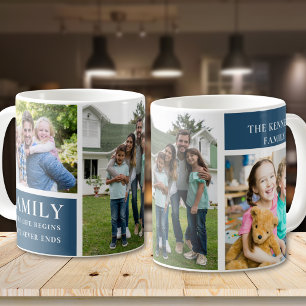 Moderne 3-Foto-Collage Familienliebe-Zitat Blau Kaffeetasse