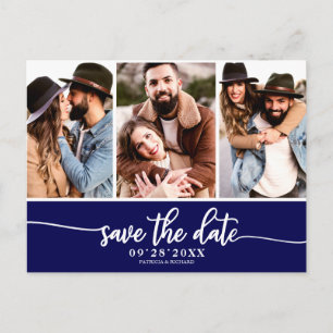 Moderne 3-Foto-Collage Hochzeit Save The Date Postkarte