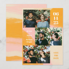 Moderne 3 Foto Collage Rosa und orange Hochzeit Save The Date
