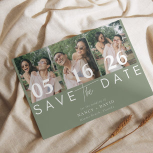 Moderne 3-Foto-Collage Salbeigrüne Hochzeit Save The Date