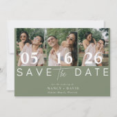 Moderne 3-Foto-Collage Salbeigrüne Hochzeit Save The Date (Vorderseite)