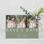 Moderne 3-Foto-Collage Salbeigrüne Hochzeit Save The Date (Stehend Vorderseite)