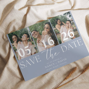 Moderne 3-Foto-Collage Staubblau Hochzeit Save The Date