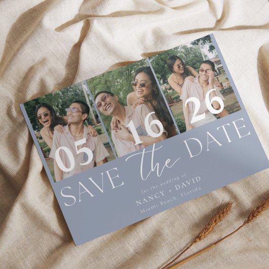 Moderne 3-Foto-Collage Staubblau Hochzeit Save The Date