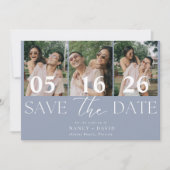 Moderne 3-Foto-Collage Staubblau Hochzeit Save The Date (Vorderseite)