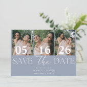 Moderne 3-Foto-Collage Staubblau Hochzeit Save The Date (Stehend Vorderseite)