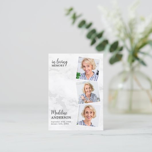 Moderne 3-Foto Gedenkkarte Beerdigungskarte Marmor Telefonnummerkarte (Stehend Vorderseite)