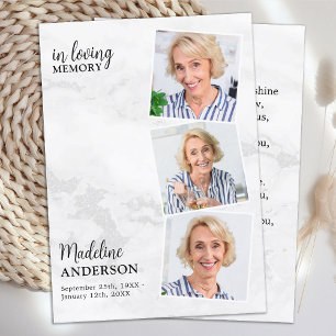 Moderne 3-Foto Gedenkkarte Beerdigungskarte Marmor Telefonnummerkarte