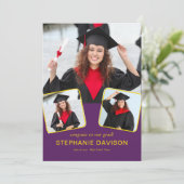 Moderne 3 Foto Glückwunsch zu Grad 2023 Gelb Lila Ankündigung (Stehend Vorderseite)