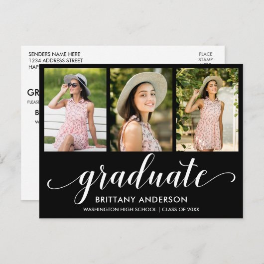 Moderne 3-Foto-Graduierungsparty - Einladung (Vorne/Hinten)