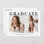 Moderne 3-Foto-Graduierungsparty Einladung Postkarte (Vorne/Hinten)