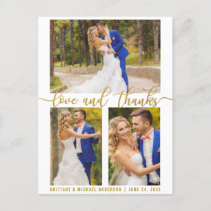 Moderne 3-Foto-Hochzeit Liebe und Dank Goldschrift Postkarte