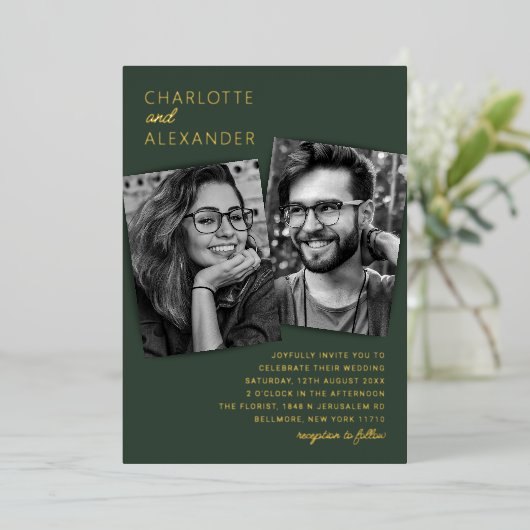 Moderne 3-Foto Hochzeit Real Foil Einladung (Stehend vorne)