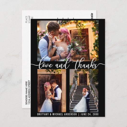 Moderne 3-Foto-Hochzeitsszene Liebe und Dankeschön Postkarte (Vorne/Hinten)