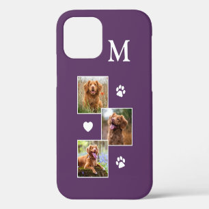 Moderne 3-Foto-Monogramm Lila Katze Hund Haustier iPhone 12 Hülle