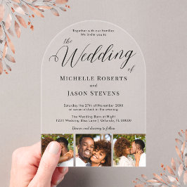 Moderne 3-Foto-Strip-Kalligrafie Hochzeit Acryleinladungen