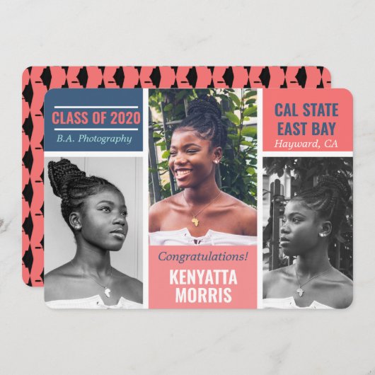 Moderne 3 Fotos Coral|Aquamarin|Blue Abschluss Ankündigung (Vorne/Hinten)