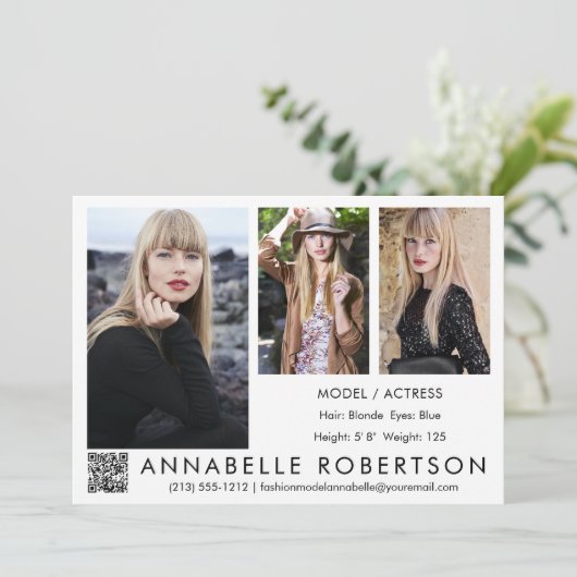 Moderne 3 Fotos QR Code Modell und Actor Comp Card Einladung (Stehend Vorderseite)