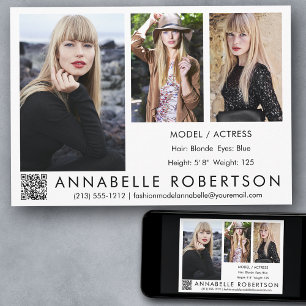 Moderne 3 Fotos QR Code Modell und Actor Comp Card Einladung