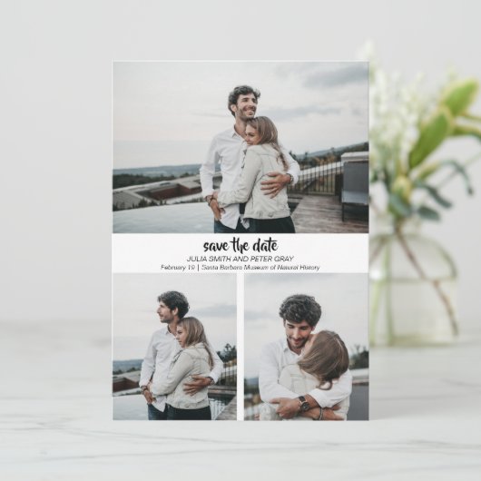 Moderne 3 Fotos Save the Date Einladung (Stehend Vorderseite)