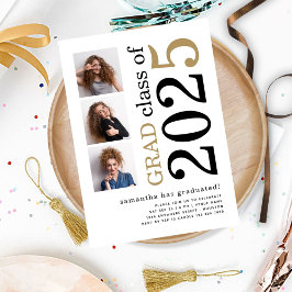 Moderne 3 Fotos Schwarzes Gold 2025 Weißer Abschlu Einladung