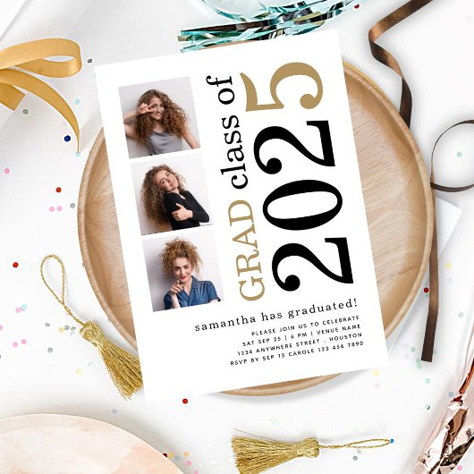 Moderne 3 Fotos Schwarzes Gold 2025 Weißer Abschlu Einladung