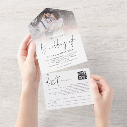 Moderne 3 Fotos überlagern QR-Code-Skript-Hochzeit All In One Einladung (Abreißen)