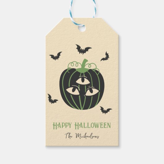 Moderne 3 Mit Augen Pumpkin and Bats Individuelle Geschenkanhänger (Vorderseite)