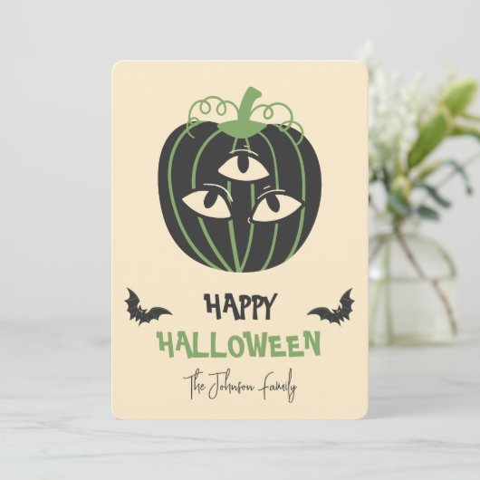 Moderne 3-Mit Augen Pumpkin Happy Halloween Famili Karte (Stehend Vorderseite)