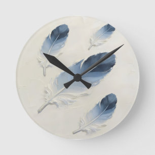Moderne 3D Blaue Feder Impasto Acryl Minimalistis Runde Wanduhr