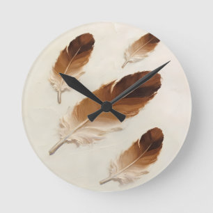 Moderne 3D braune Feder Impasto Acryl Minimalist Runde Wanduhr