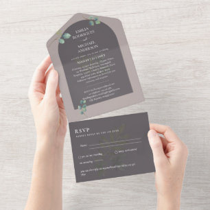 Moderne 3in1 Grünpflanzen Eukalyptus Hochzeit RSVP All In One Einladung
