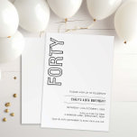 Moderne 40. Geburtstagsfeier-Party Einladung<br><div class="desc">Diese minimalistische Typografie aus dem 40. Jubiläum-Party Einladung eignet sich perfekt für eine moderne Geburtstagsparty. Das schlichte Design besticht durch klassisch minimalistische Schwarz-Weiß-Typografie mit modernem Ambiente. Anpassbar in jeder Farbe. Behalt das Design minimal und elegant, wie es ist, oder personalisiere es durch Hinzufügen von eigenen Grafiken und Kunstwerken. Für eine...</div>