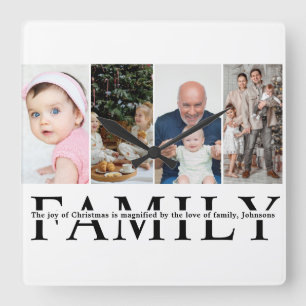 Moderne 4-Foto-Collage Familien-Weihnachtszitat Quadratische Wanduhr