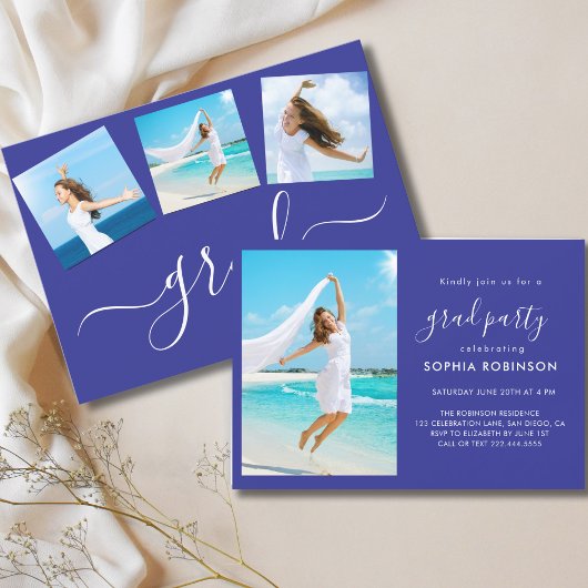Moderne 4 Foto Collage Graduation Party Blau Einladung