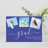 Moderne 4 Foto Collage Graduation Party Blau Einladung (Stehend Vorderseite)