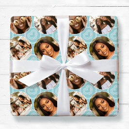 Moderne 4 Foto Collage Kreis Herz Muster Blau Geschenkpapier