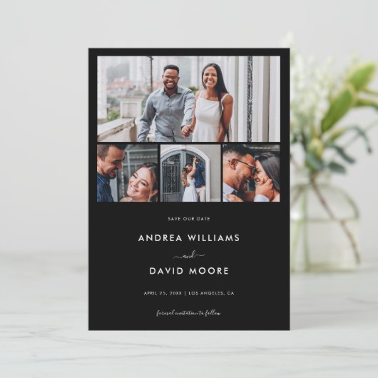 Moderne 4 Foto Collage QR Code Black Wedding Save The Date (Stehend Vorderseite)