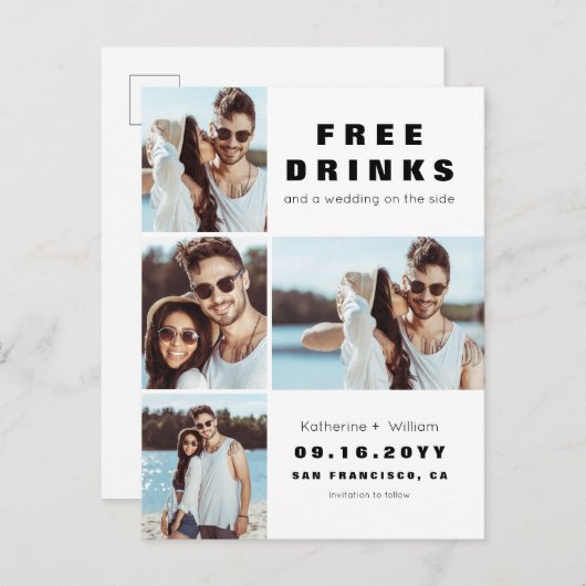 Moderne 4 Foto Collage Wedding Rettete unser Datum Ankündigungspostkarte (Vorne/Hinten)