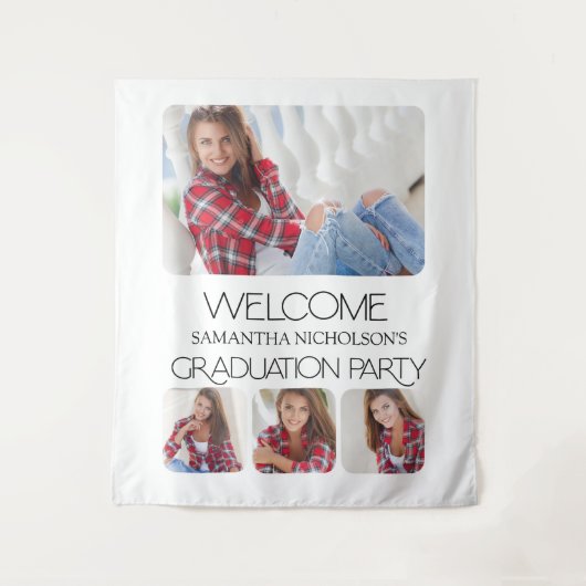 Moderne 4-Foto-Graduierungsparty Willkommen Wandteppich (Vorderseite)